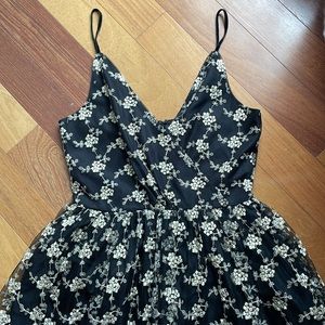 Holiday // New Year’s Eve Party Dress, Black Mesh with Gold Floral Embroidery